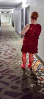 Wife in hotel in red dress & fishnets for NL Comments & Exposing