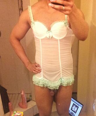 Crossdressing in white lingerie and big dildo