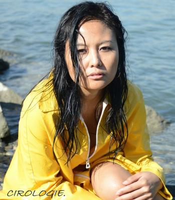 Asian girl poses in raincoats