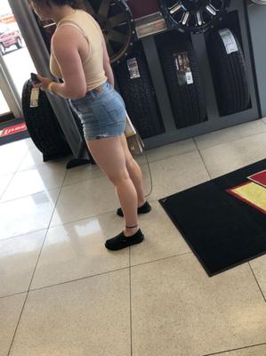 Candid short-shorts at the tire store