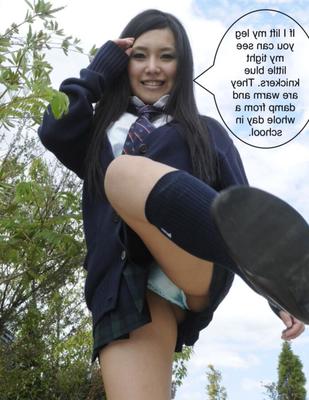 Asian outdoor up-skirts and panties, with captions