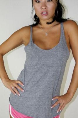 Asa Akira grey beater and booty shorts