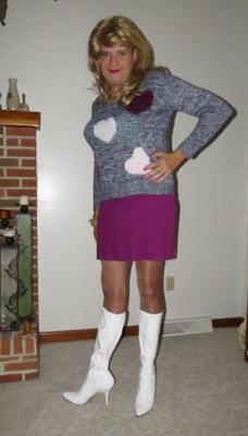 Crossdresser in Sweater and White Boots