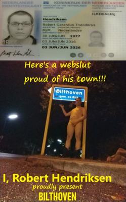 Robert Hendriksen naked in front of town sign of Bilthoven