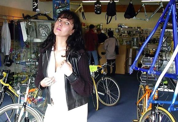 French Nadine  in a bicycle shop