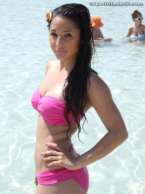 UK pink bikini teen topless beech posing